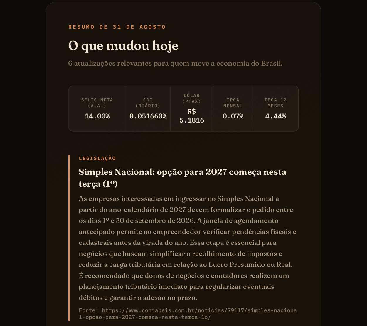 Recorte do resumo Alíquota de 31 de agosto: indicadores do dia (Selic, CDI, dólar, IPCA) e a notícia sobre o prazo de opção pelo Simples Nacional para 2027.